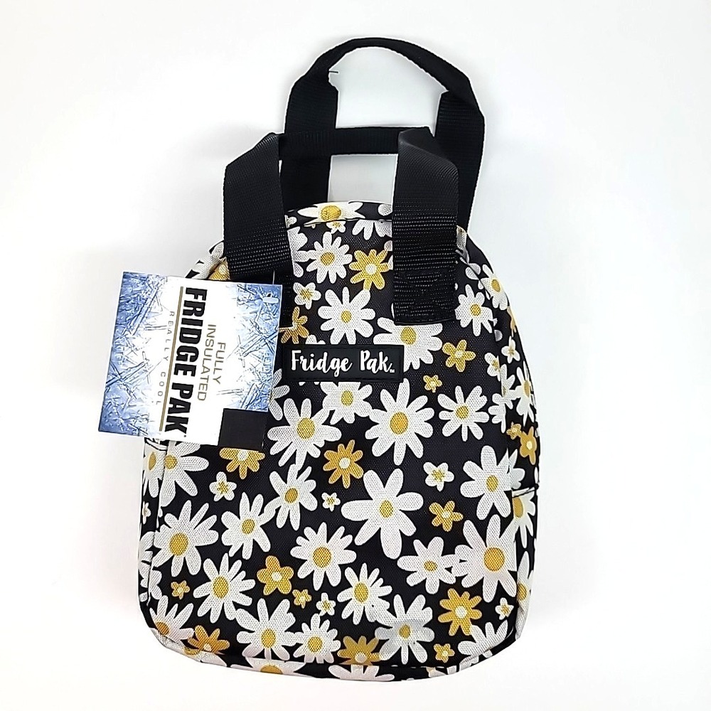 Fridge Pak Fully Insulated Personal Lunch Bag/Tote Black w/ Yellow & White Daisy